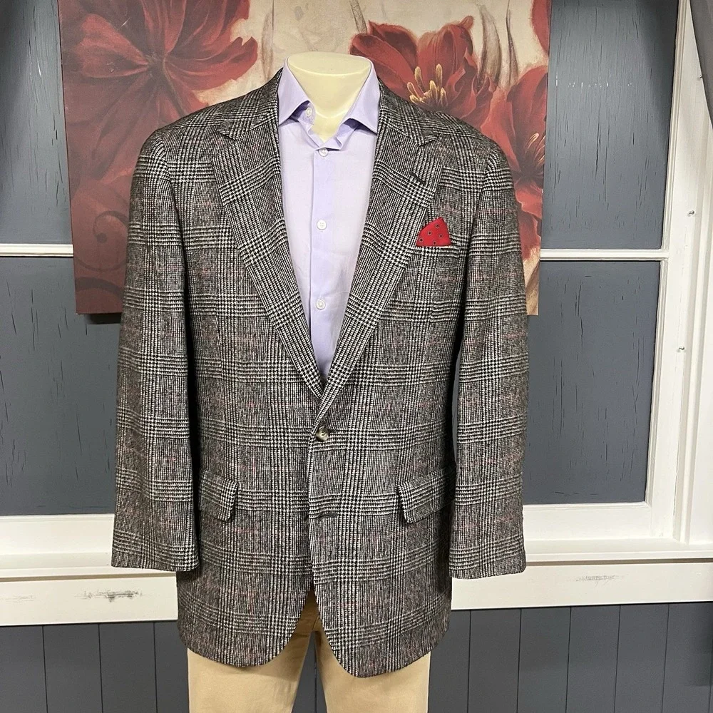 Vintage Nordstrom Camel‎ Hair Blazer Mens 40R Classic Fit Beige/Black/Red Plaid